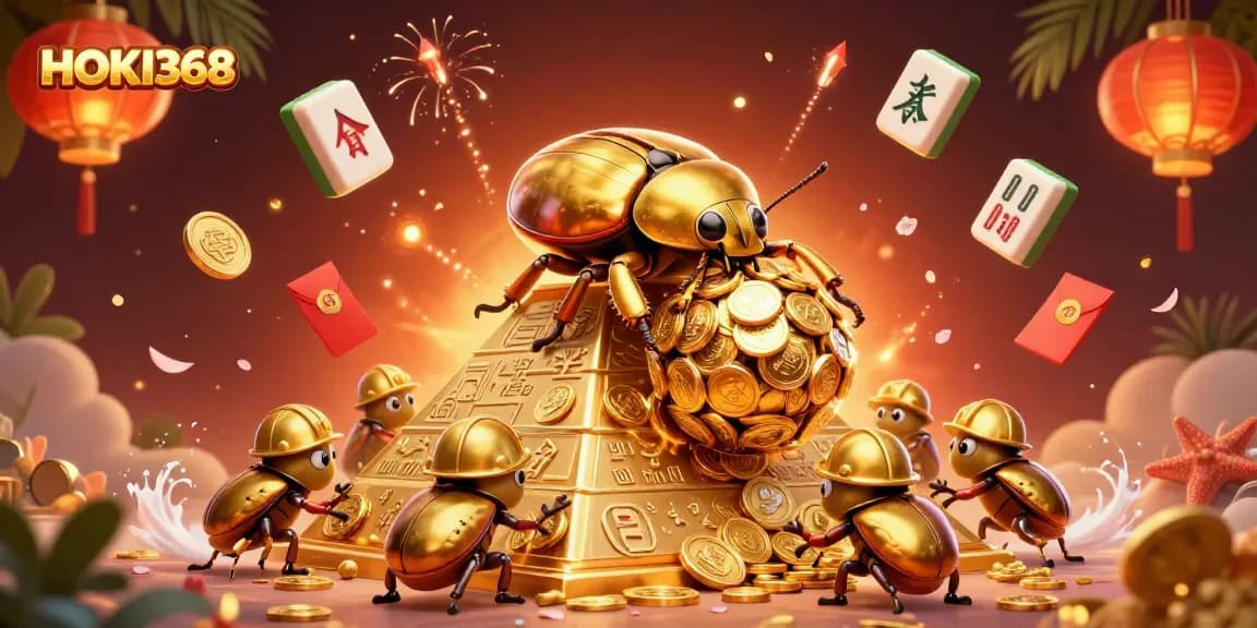Experience HOKI368's vibrant online gaming adventure with a golden beetle and casino treasures.
