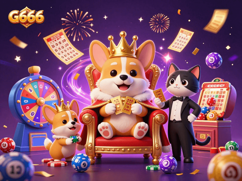 G666 invites players to enjoy vibrant lottery fun with a royal corgi hosting a gaming celebration.