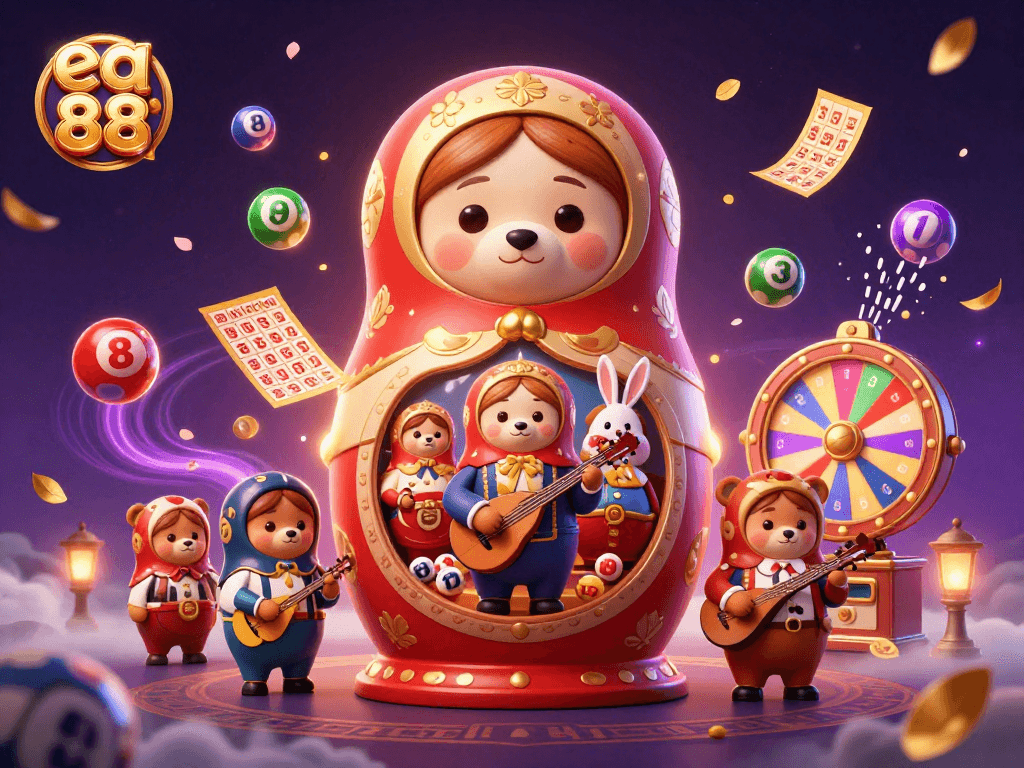 Experience the excitement of ea 88 with casino-themed Matryoshka bears and vibrant game elements.