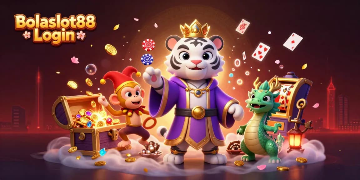 Bolaslot88 Login showcases an enchanting casino world with a royal tiger, jester monkey, and glowing slot reels in action.