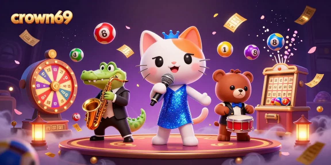 Crown69 captivates with vibrant lottery balls and charismatic casino characters on stage.