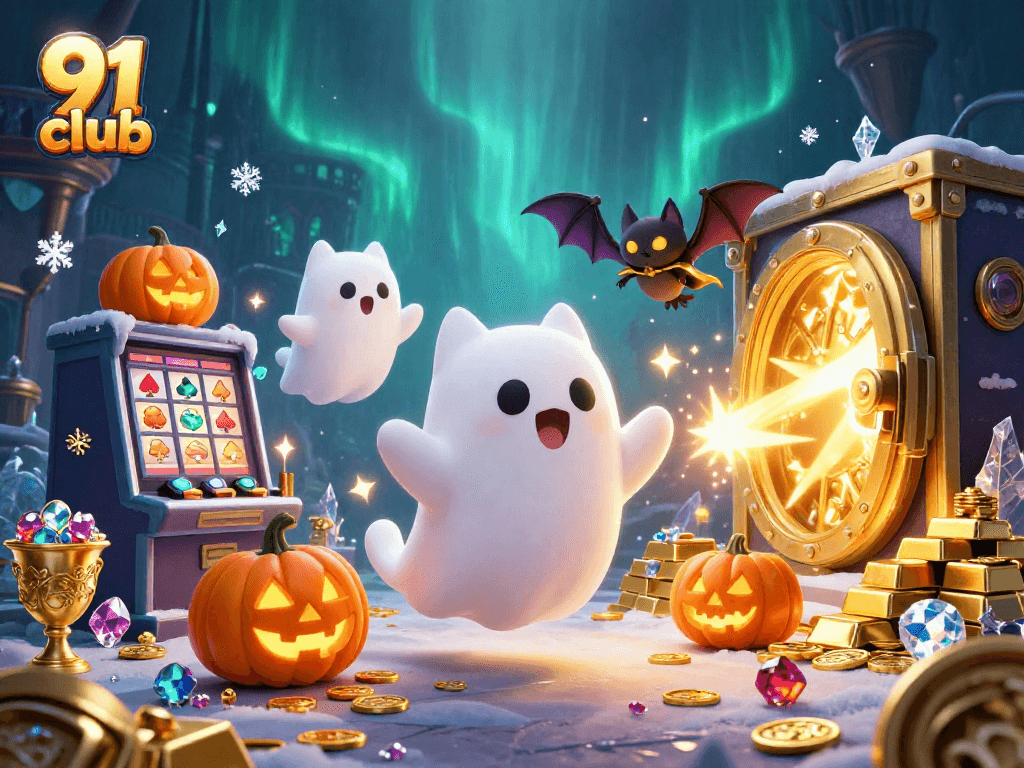 Win big at 91 club with vibrant casino visuals featuring ghost cat and treasure.