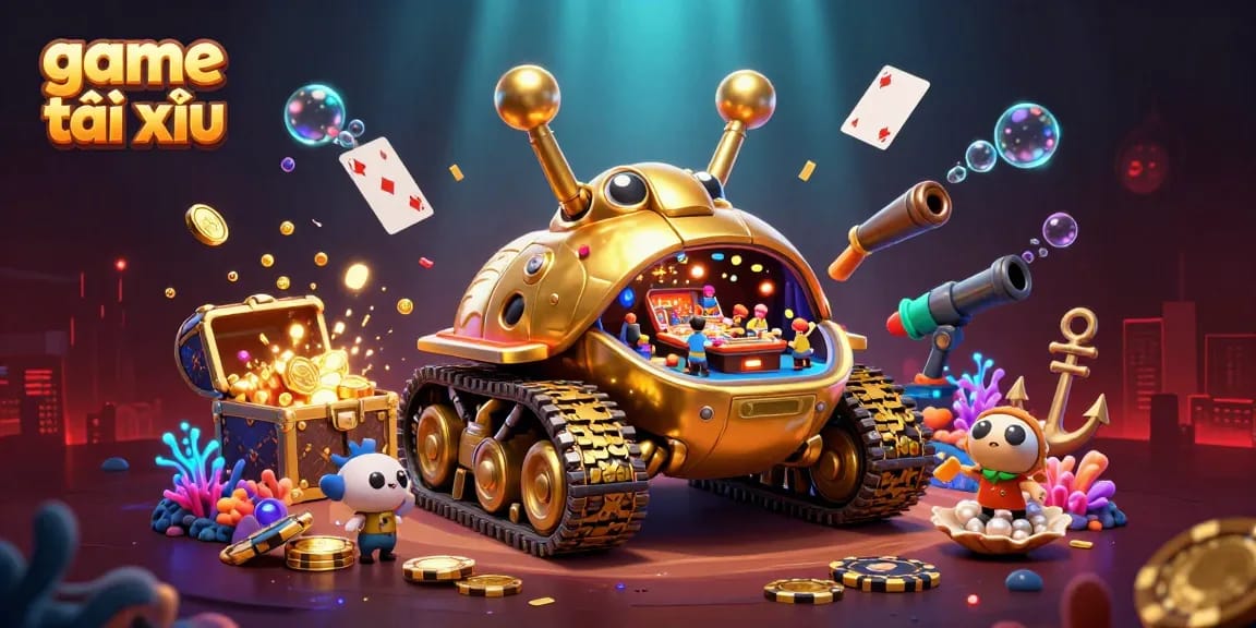 Experience exciting game tài xỉu with a massive gold beetle tank revealing a casino and vibrant treasures.