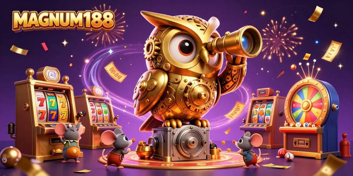 Experience the thrilling MAGNUM188 casino environment with a magical owl and lively gaming elements.