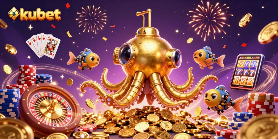 Experience thrilling gameplay at kubet with a golden kraken submarine amidst flying coins and gaming elements.