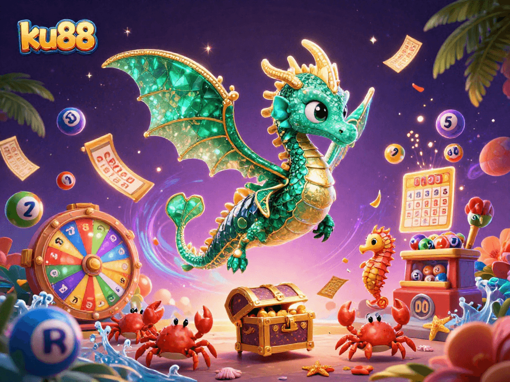 Experience thrilling action at ku88 with a captivating 3D casino scene filled with vibrant lottery elements.