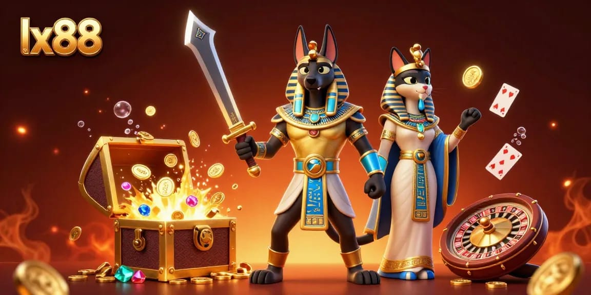 Play and win at lx88 with Anubis and Bastet in a vibrant ancient Egyptian casino scene.