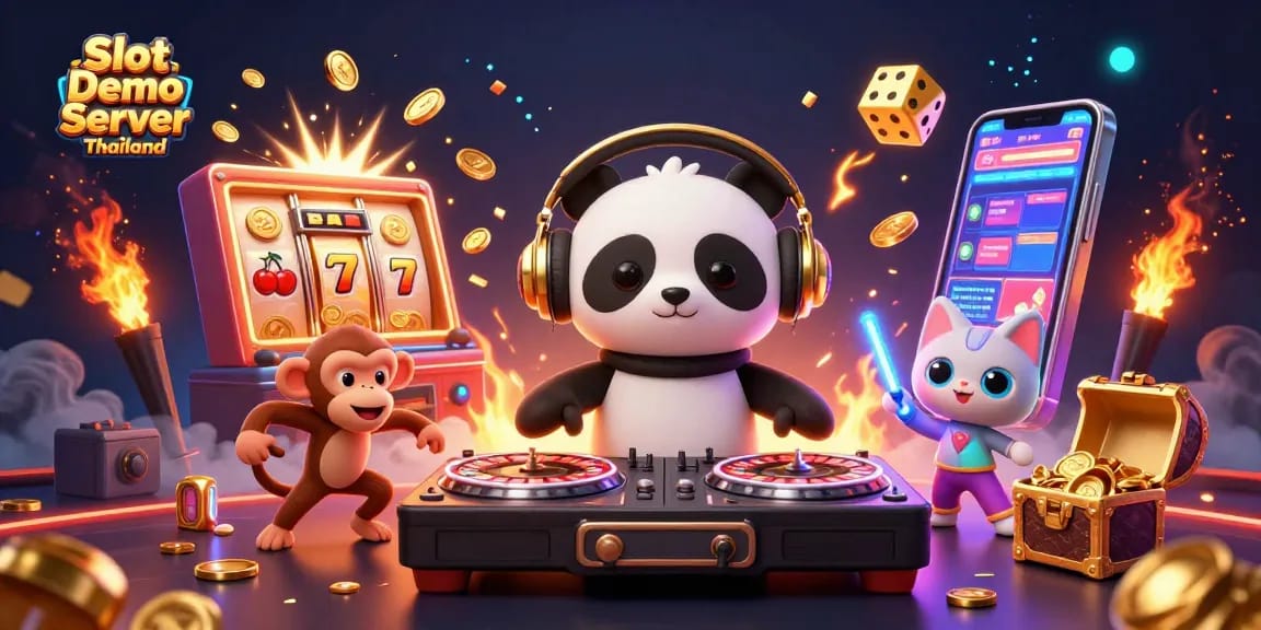 Experience the excitement of Slot Demo Server Thailand in a vibrant 3D casino illustration featuring lively characters and game elements.