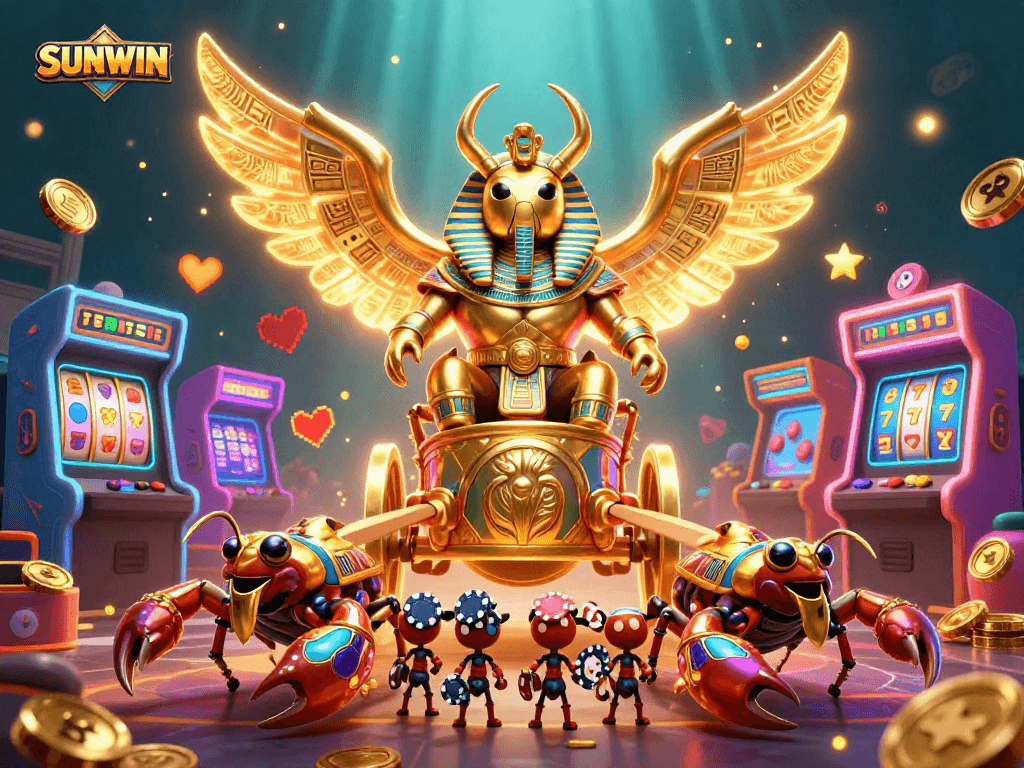 SUNWIN showcases an enchanting 3D illustration of a colossal scarab beetle in a casino setting, surrounded by vibrant gaming elements.