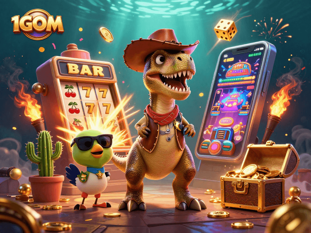 Engage with 1GOM's vibrant 3D scene featuring a T-Rex, cactus, and roadrunner amidst casino jackpots.