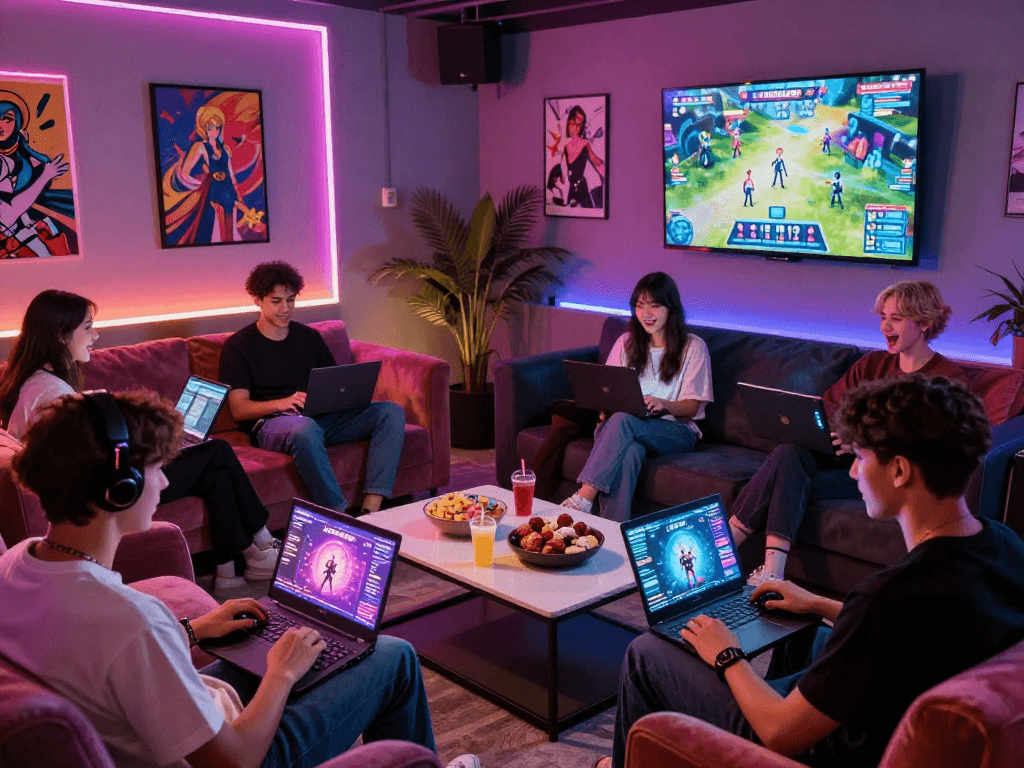 Players enjoying free sex games in a vibrant gaming lounge setting with neon lights.