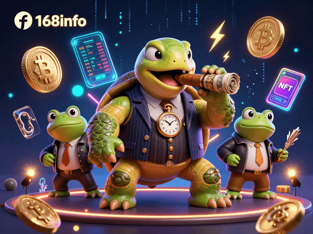 Engage with exciting f168info gaming adventures featuring a turtle mobster amidst cryptocurrency highlights.