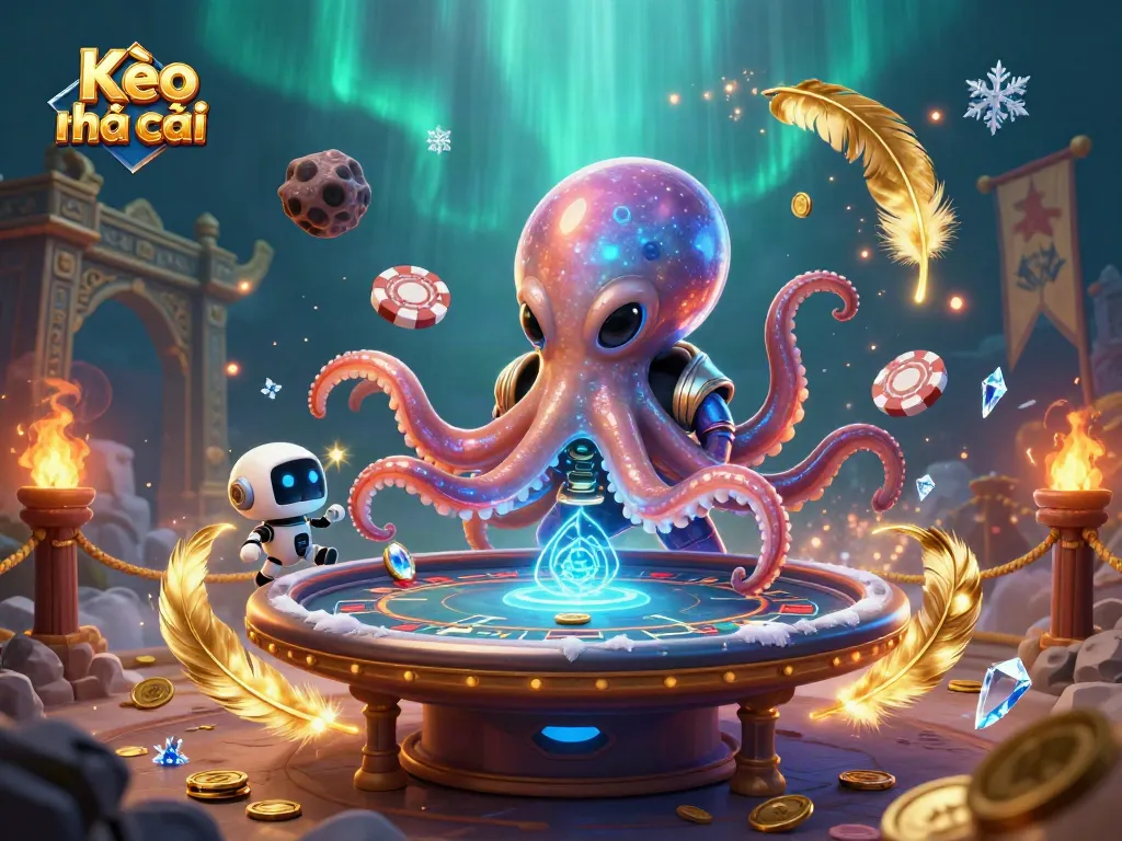 Kèo nhà cái displays a vibrant alien octopus operating a poker table amidst swirling cosmic elements and rich textures.