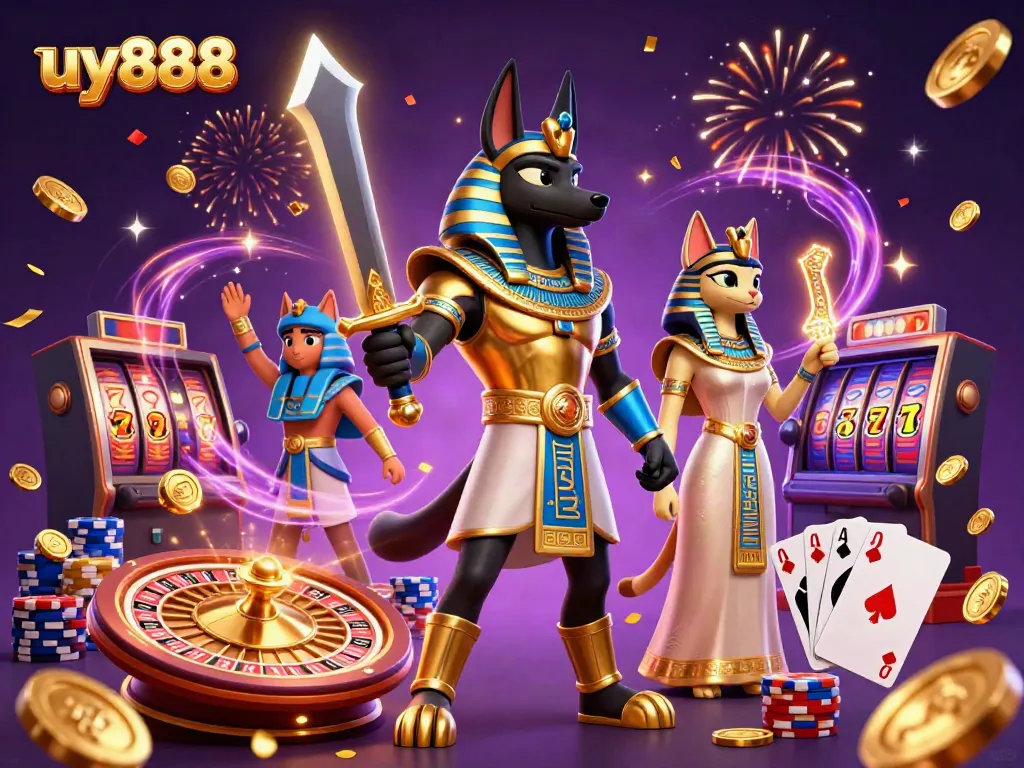 Experience excitement with the uy888 Egyptian warrior and glimmering casino elements.