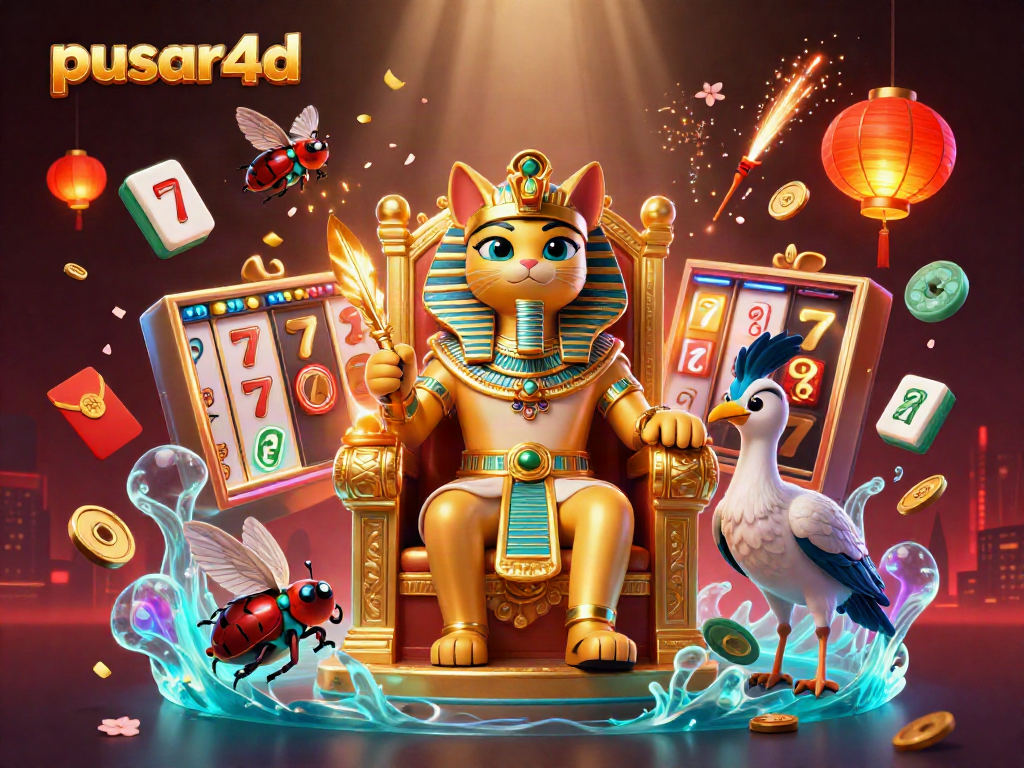 Enjoy mesmerizing slots action in pusar4d with a pharaoh cat and vibrant game elements.