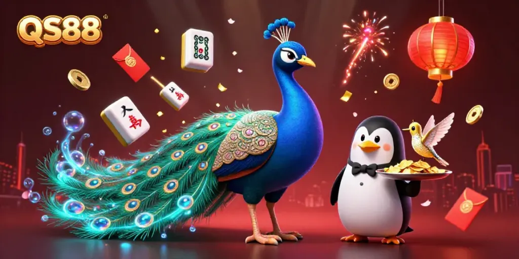 Experience the dynamic world of QS88 with colorful characters and vibrant gaming elements in a lavish casino setting.