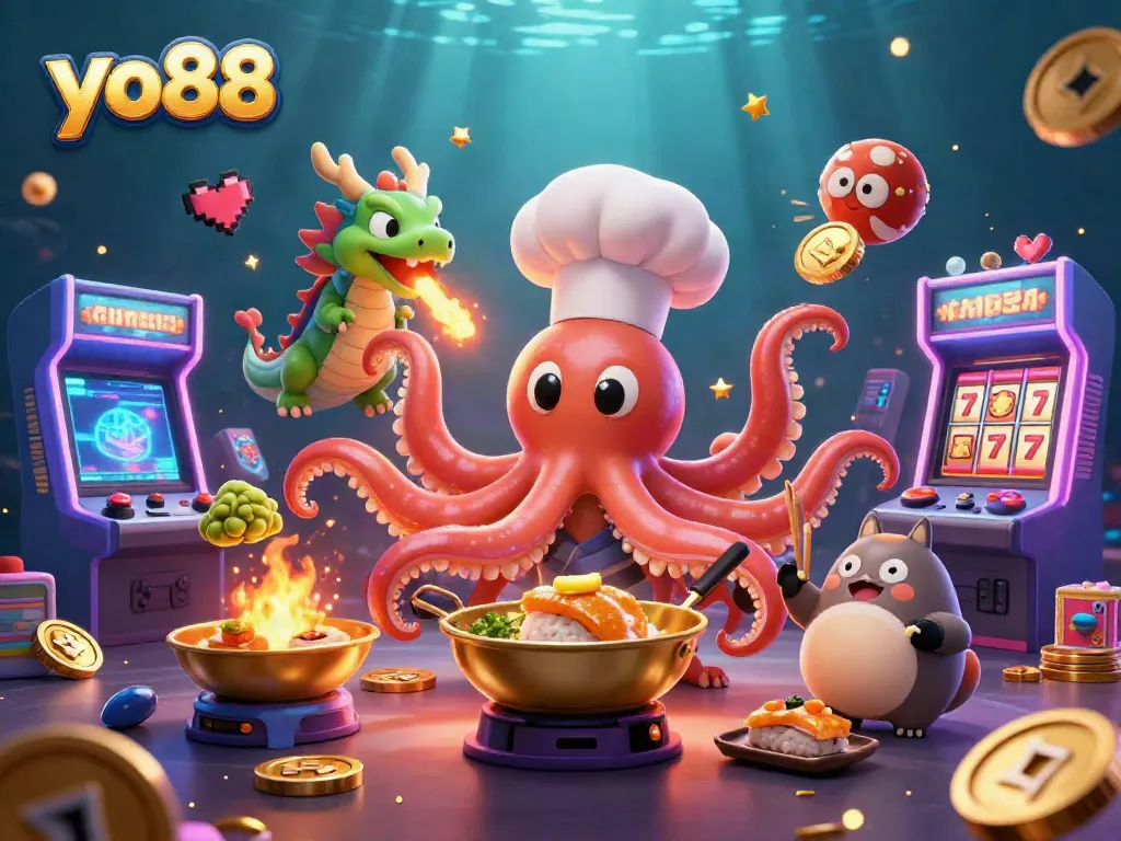 Experience thrilling games at yo88 with a vibrant scene of colorful arcade machines and lively characters.