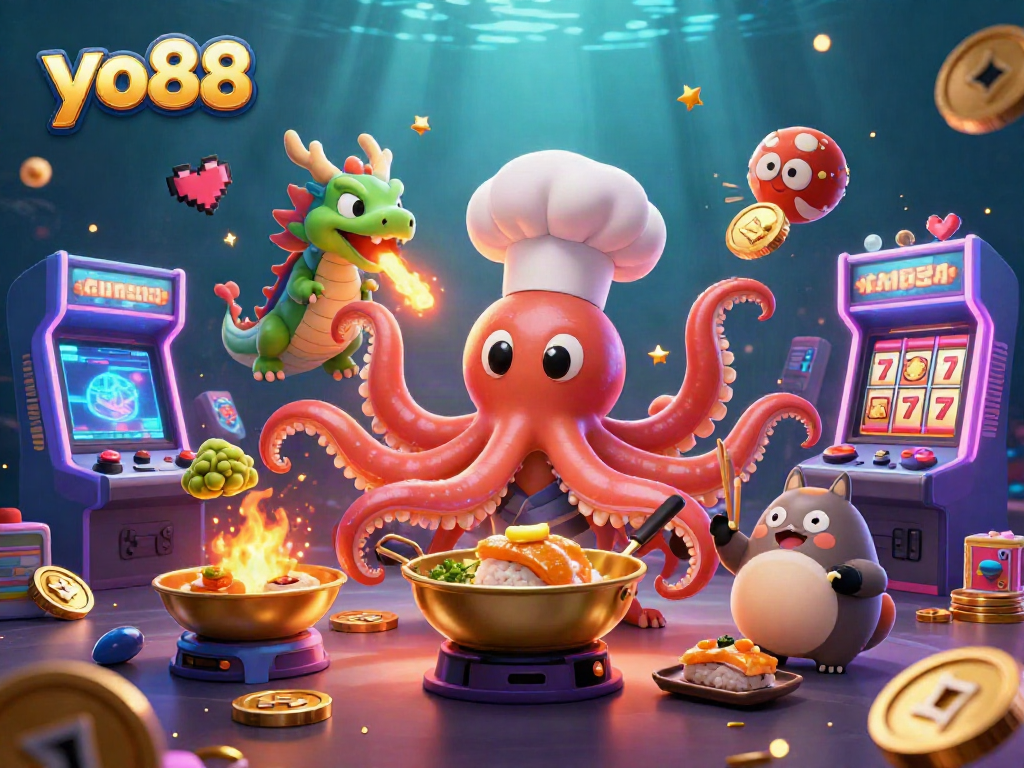 Experience thrilling games at yo88 with a vibrant scene of colorful arcade machines and lively characters.