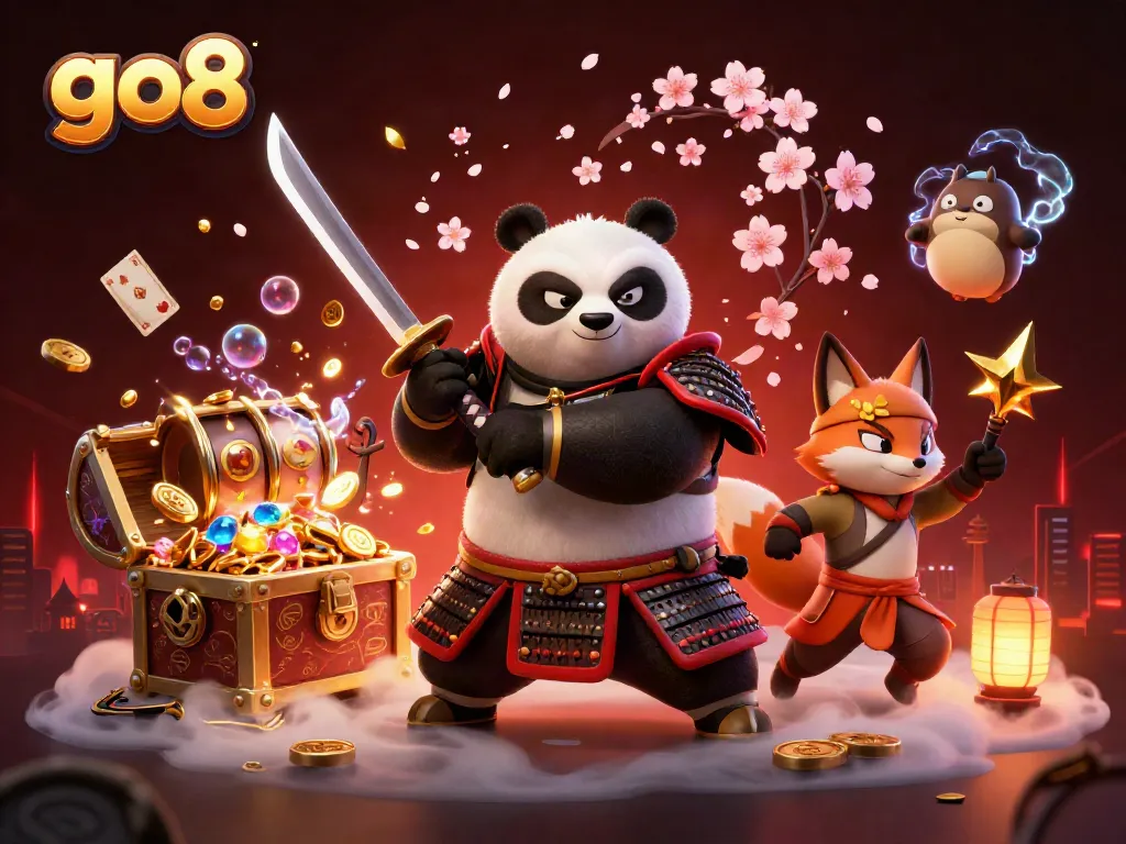 Engage in thrilling casino adventure with go8, featuring a samurai panda and ninja fox amidst rich gaming elements.