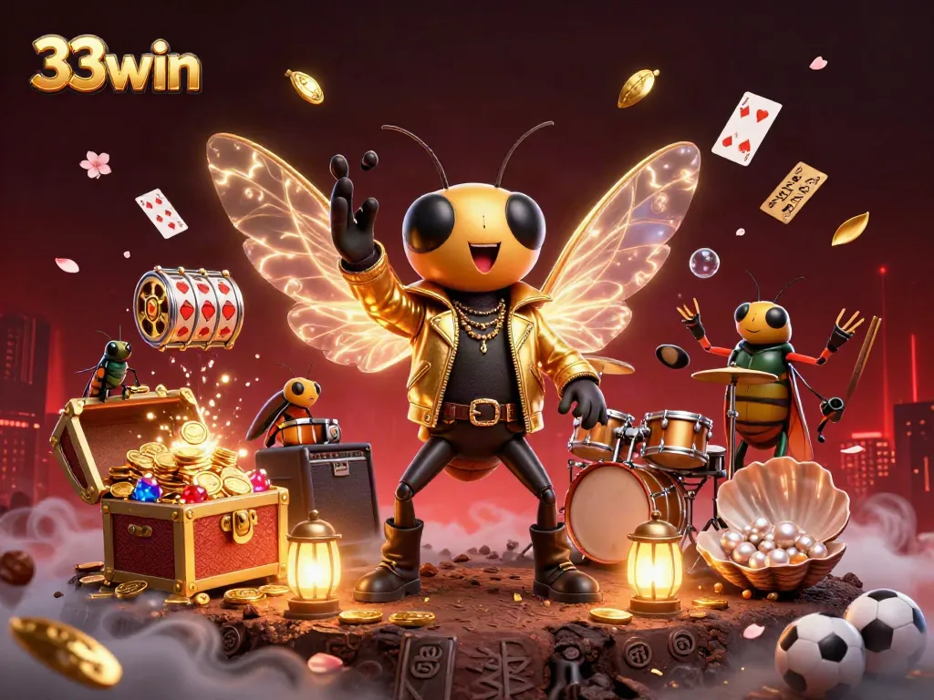 Experience the thrill of 33win with a lively 3D cartoon illustration of a cicada rock star in a casino-themed scene, complete with slot reels and vibrant game elements.