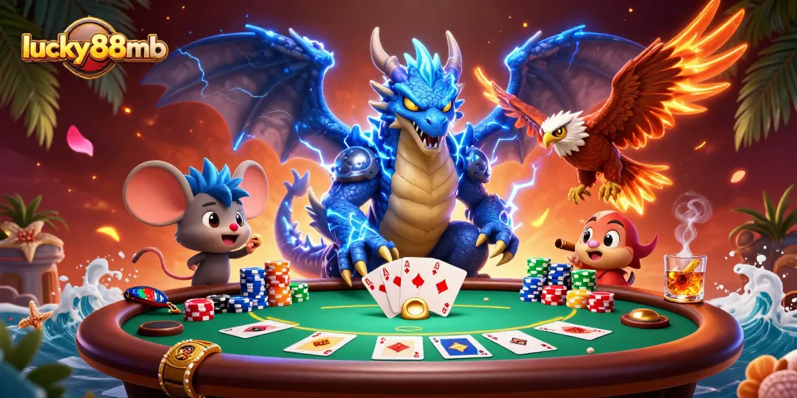 Engage in thrilling poker battles at lucky88mb with dragon and hawk characters amid vibrant casino elements.