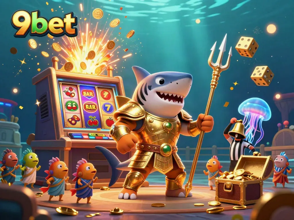 Experience the thrilling underwater adventure of 9bet featuring a tiger shark and exciting casino elements.