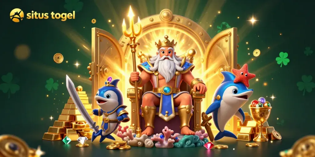 Experience situs togel excitement with Neptune and treasure in an ocean-themed casino illustration.