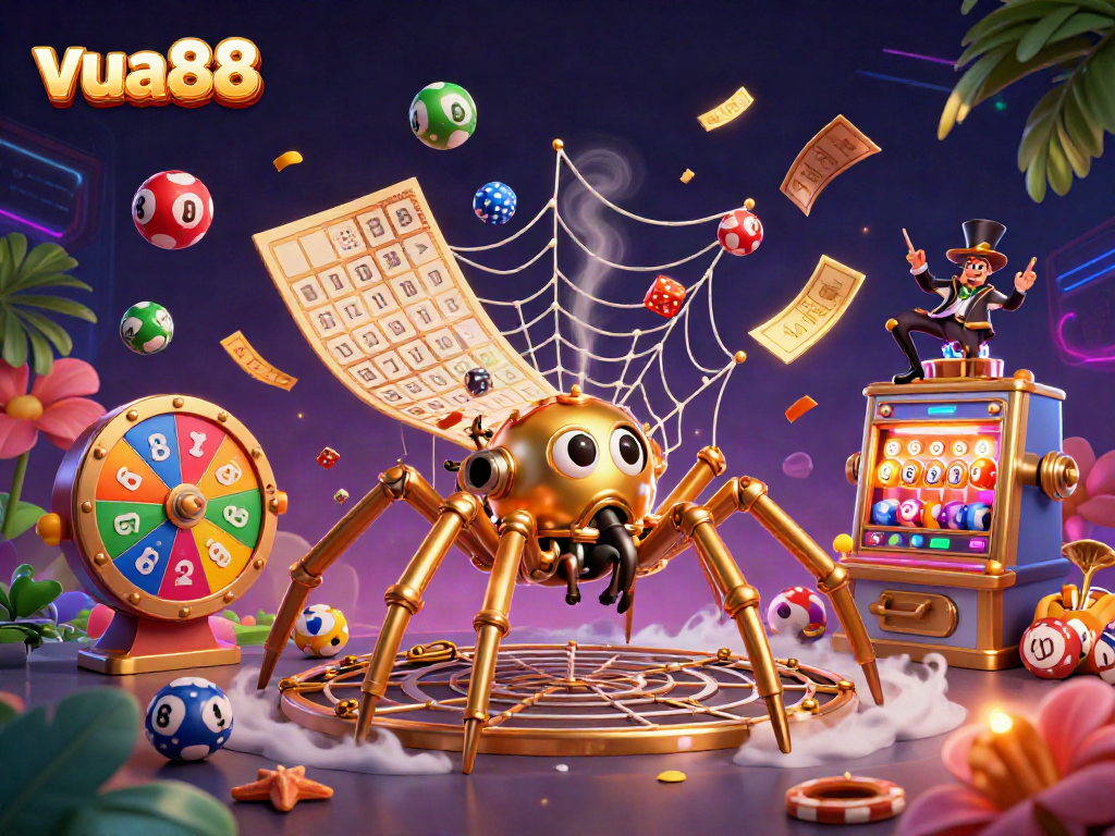 Engage with the thrilling world of vua88 as a steampunk spider captures dice amidst a vibrant casino scene.