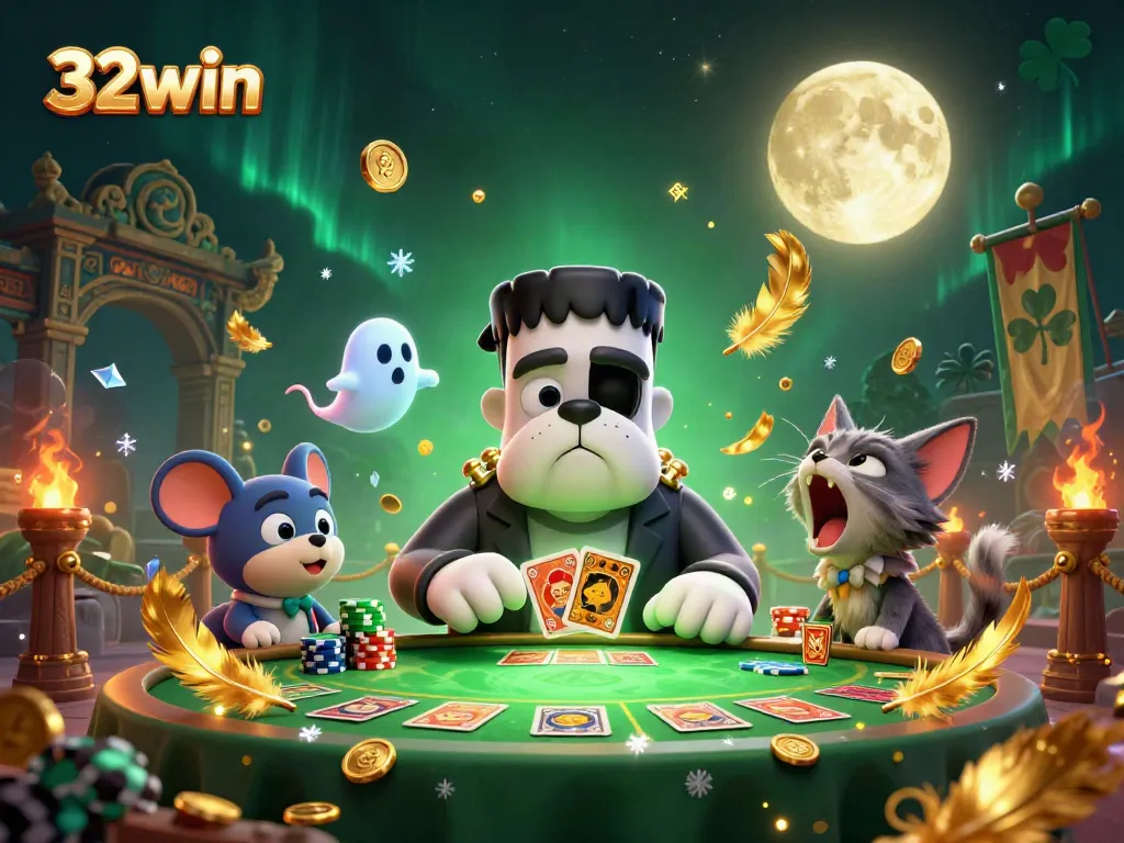 Engage with 32win's thrilling card games featuring a cartoon bulldog dealer and dynamic casino elements.