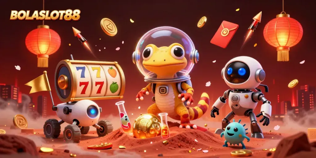 Experience thrilling gameplay with BOLASLOT88 as a Martian gecko discovers a golden casino.