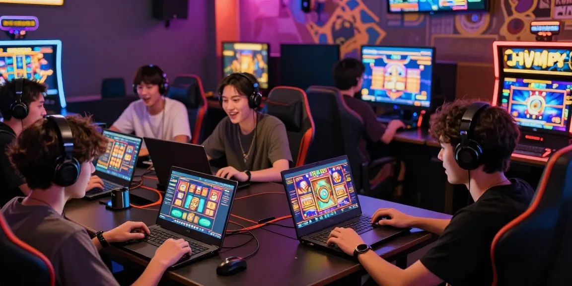 Enthusiastic players enjoying situs slot gacor in a vibrant gaming lounge.