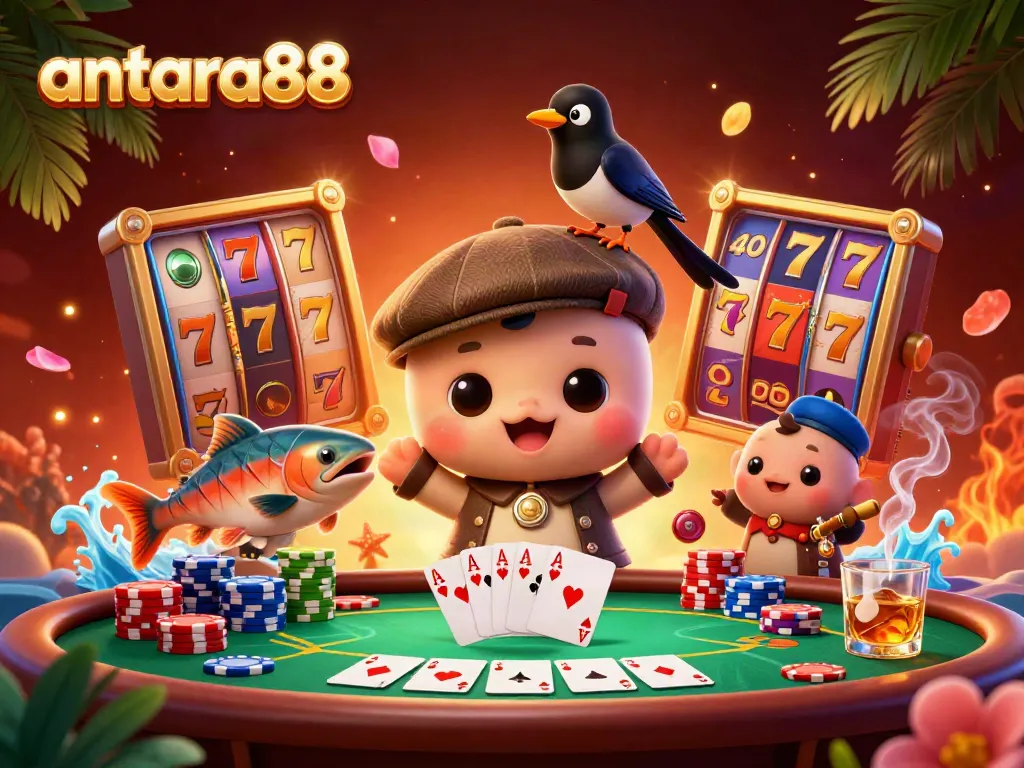 Experience thrill with antara88 as Nessie and friends play slots in a vibrant casino scene.