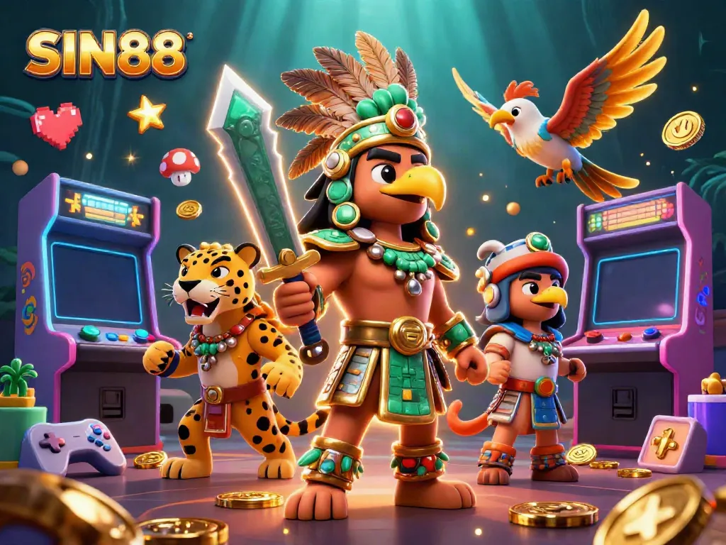 SIN88 sports betting scene with dynamic characters and arcade elements, showcasing vibrant casino activity.