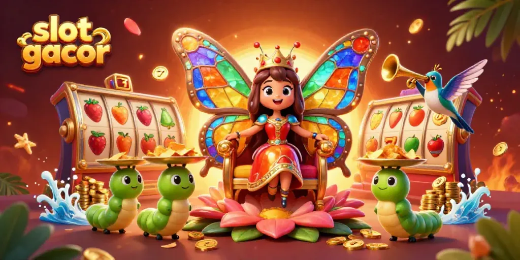 Slot gacor menggambarkan ratu kupu-kupu 3D dengan sayap kaca patri dikelilingi elemen slot yang berkilauan.
