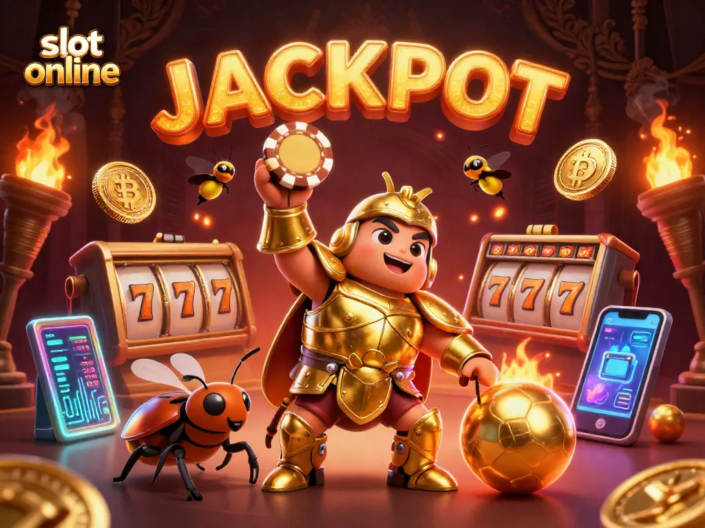 Experience the excitement of slot online with 3D characters celebrating a jackpot.