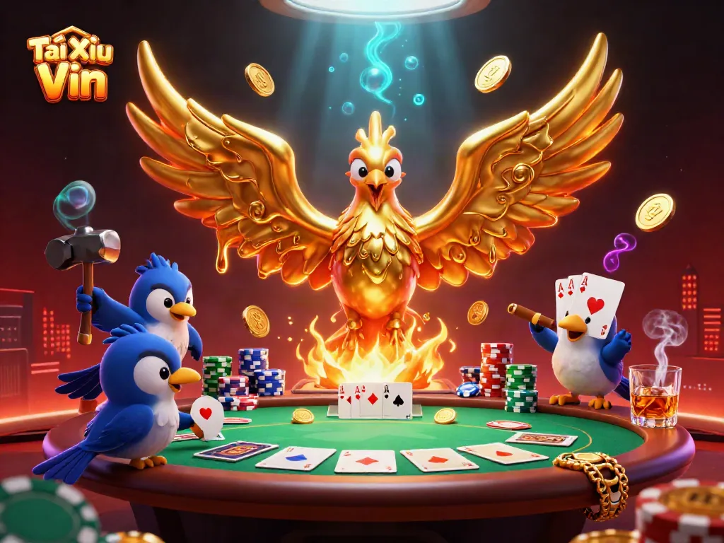 Experience Tài Xỉu Vin with vivid golden elements and dynamic poker scene, illustrating a vibrant online casino atmosphere.