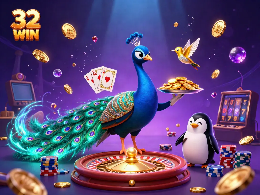 Experience the thrill of gambling with 32 WIN, featuring a glamorous peacock and vibrant casino elements.