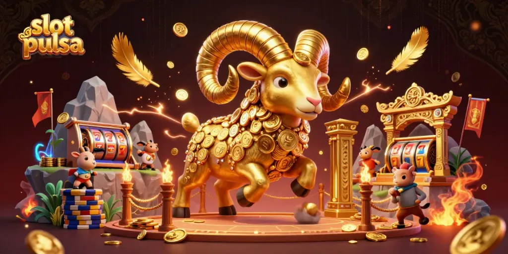 Experience thrilling slot pulsa action with a dynamic scene of golden ram and casino elements.