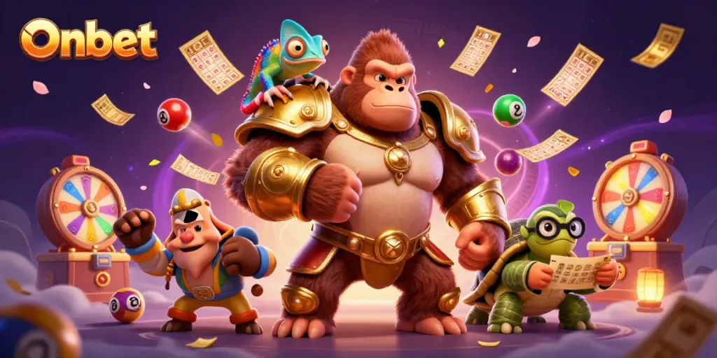 Engage in thrilling Onbet experiences with dynamic lottery elements and animated characters in vibrant casino scene.