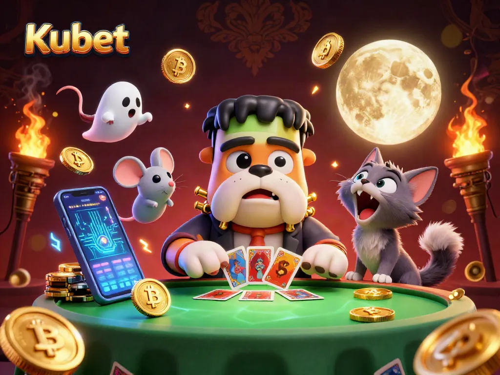 Kubet's Frankenstein bulldog dealer at a spooky table filled with crypto coins showcasing excitement in online gaming.