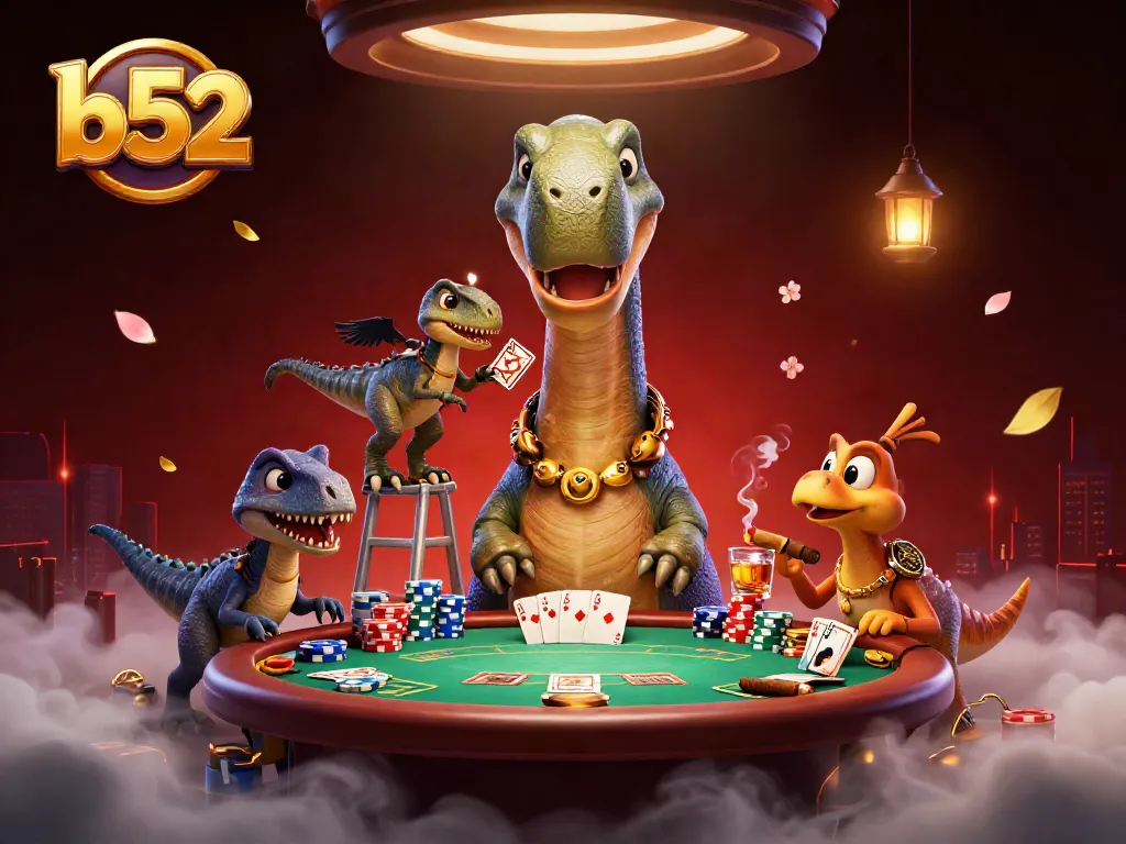 Engage with thrilling b52 gameplay featuring a giant brontosaurus in a vibrant casino scene.
