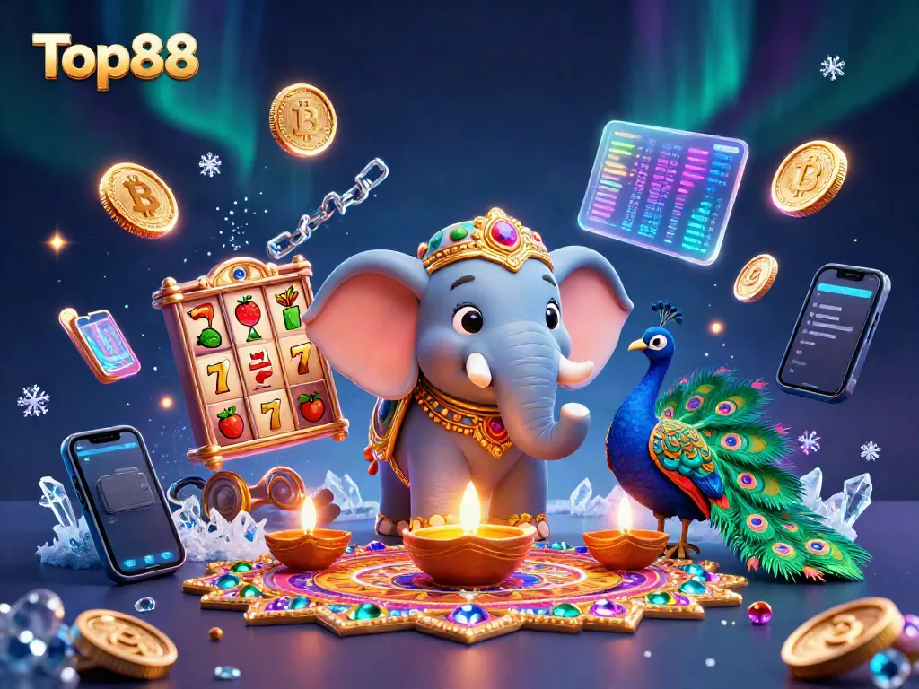 Experience the Top88 gaming thrills with a vibrant Diwali-themed casino scene filled with rich symbols.