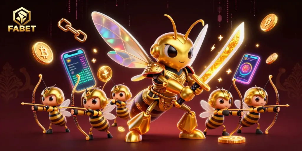 FABET casino animation featuring a samurai hornet and bee archers amid cryptocurrency elements for thrilling gaming.