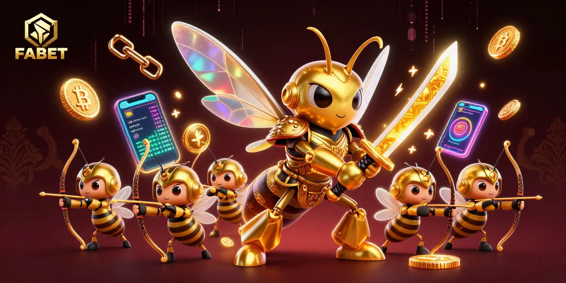 FABET casino animation featuring a samurai hornet and bee archers amid cryptocurrency elements for thrilling gaming.
