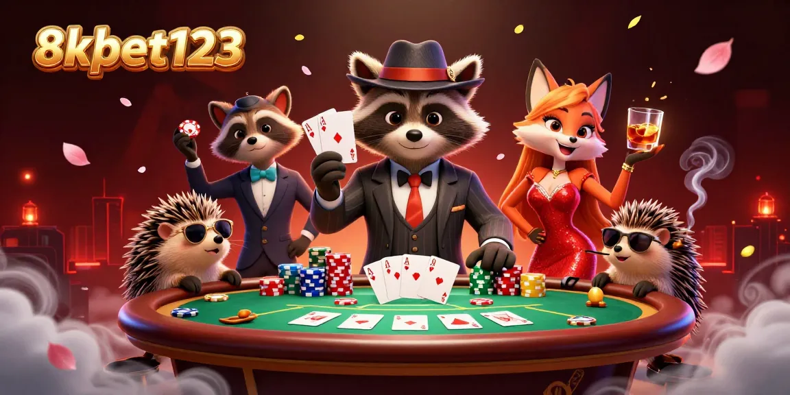 Win big at 8xbet123 as raccoon, fox, and hedgehog play cards at a packed casino table.