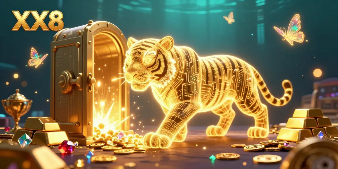 Engage with the vibrant XX8 digital casino, featuring a glowing tiger and treasures illuminating the atmosphere.