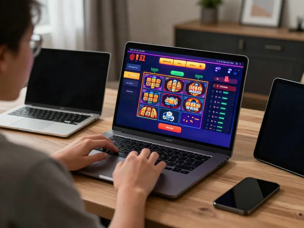 Online gaming experience at https://five888vin.com/ showcasing live casino games and sports betting in a cozy environment.