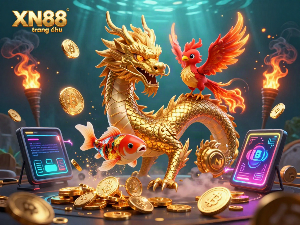 Experience the thrill at XN88 trang chủ with dynamic symbols and characters in an engaging casino scene.