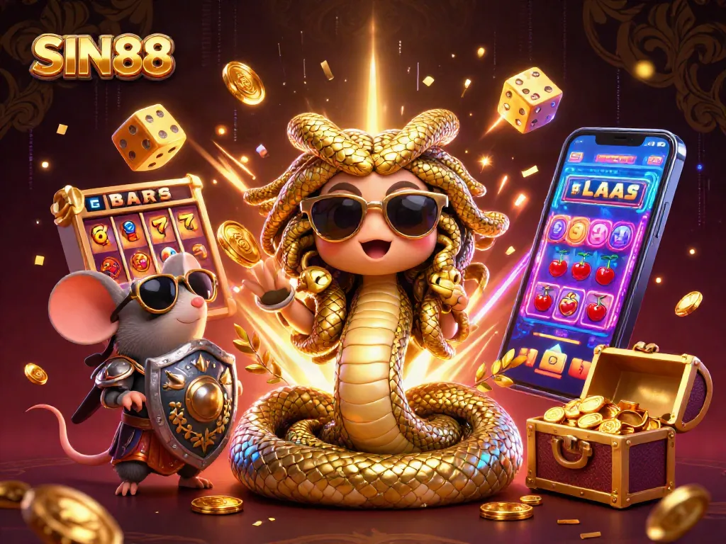 SIN88 offers exhilarating winnings from a vibrant casino scene featuring Medusa and a warrior mouse.