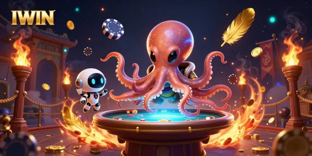 IWIN elevates the gameplay experience with an engaging poker scene featuring an alien octopus and robot.